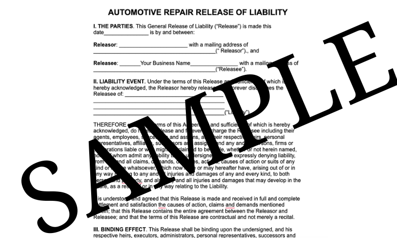 AUTOMOTIVE REPAIR RELEASE OF LIABILITY