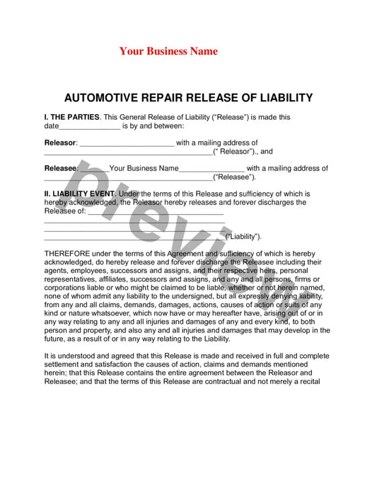AUTOMOTIVE REPAIR RELEASE OF LIABILITY
