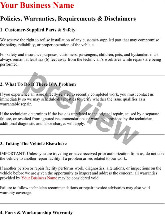 Mobile Mechanic Policy Warranty and Disclaimers
