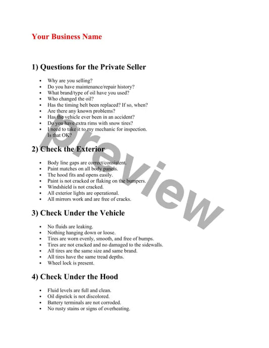Pre Purchase Used Car Inspection Check List