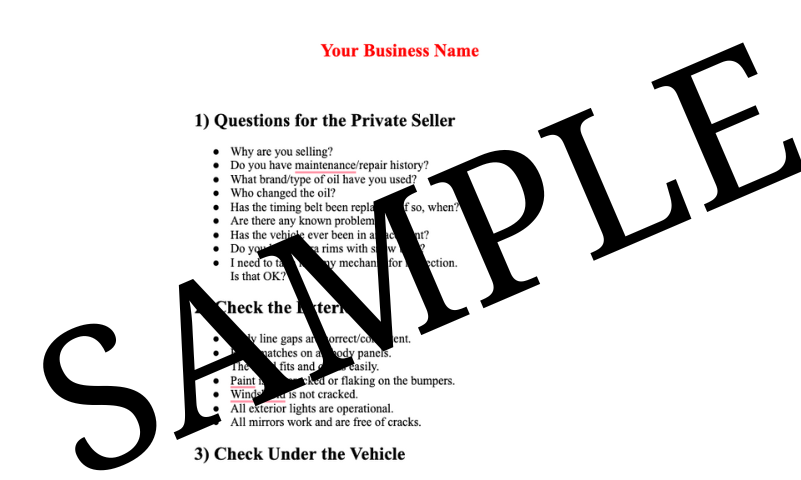 Pre Purchase Used Car Inspection Check List